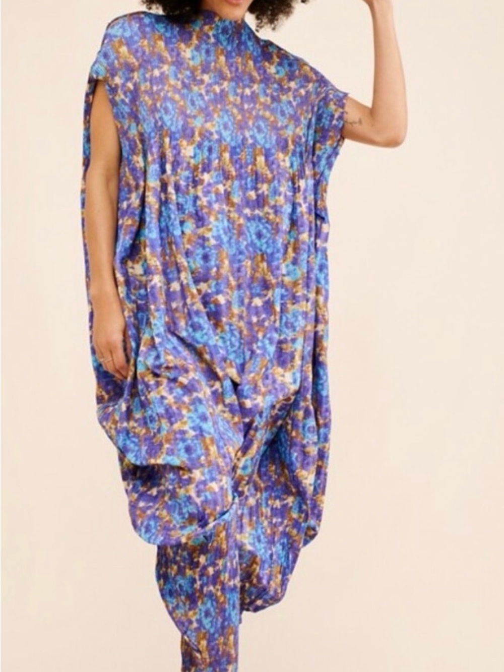Free People Blue & Gold Floral Draped Jumpsuit